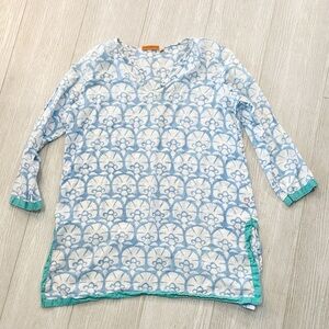 Oliphant Lightweight Tunic Top Dress Coverup Vneck Dusty Blue Aqua White Size M